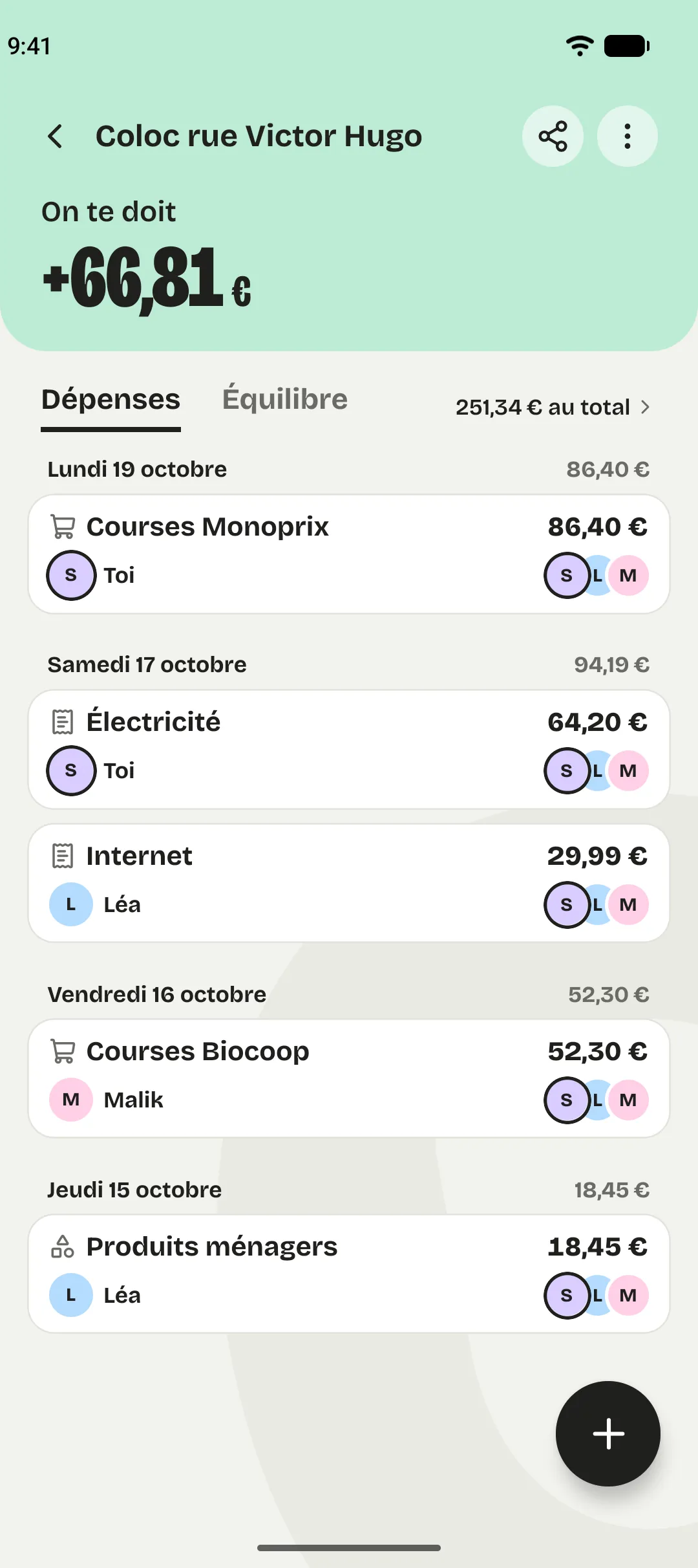 La liste Coloc rue Victor Hugo, sur fond vert : on te doit 66,81 €, et ses dépenses.