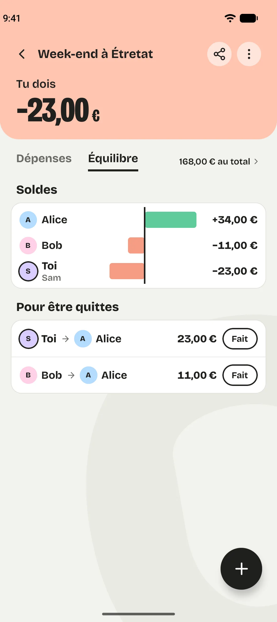 L’onglet Équilibre du week-end : les soldes d’Alice, Bob et toi, et les deux virements pour être quittes.