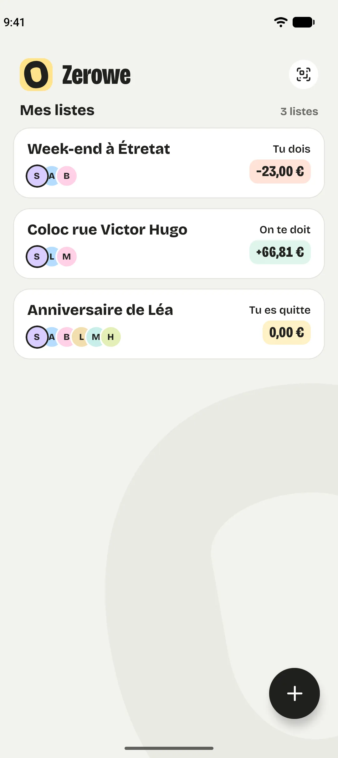 Mes listes : Week-end à Étretat, tu dois 23,00 € ; Coloc rue Victor Hugo, on te doit 66,81 € ; Anniversaire de Léa, tu es quitte.