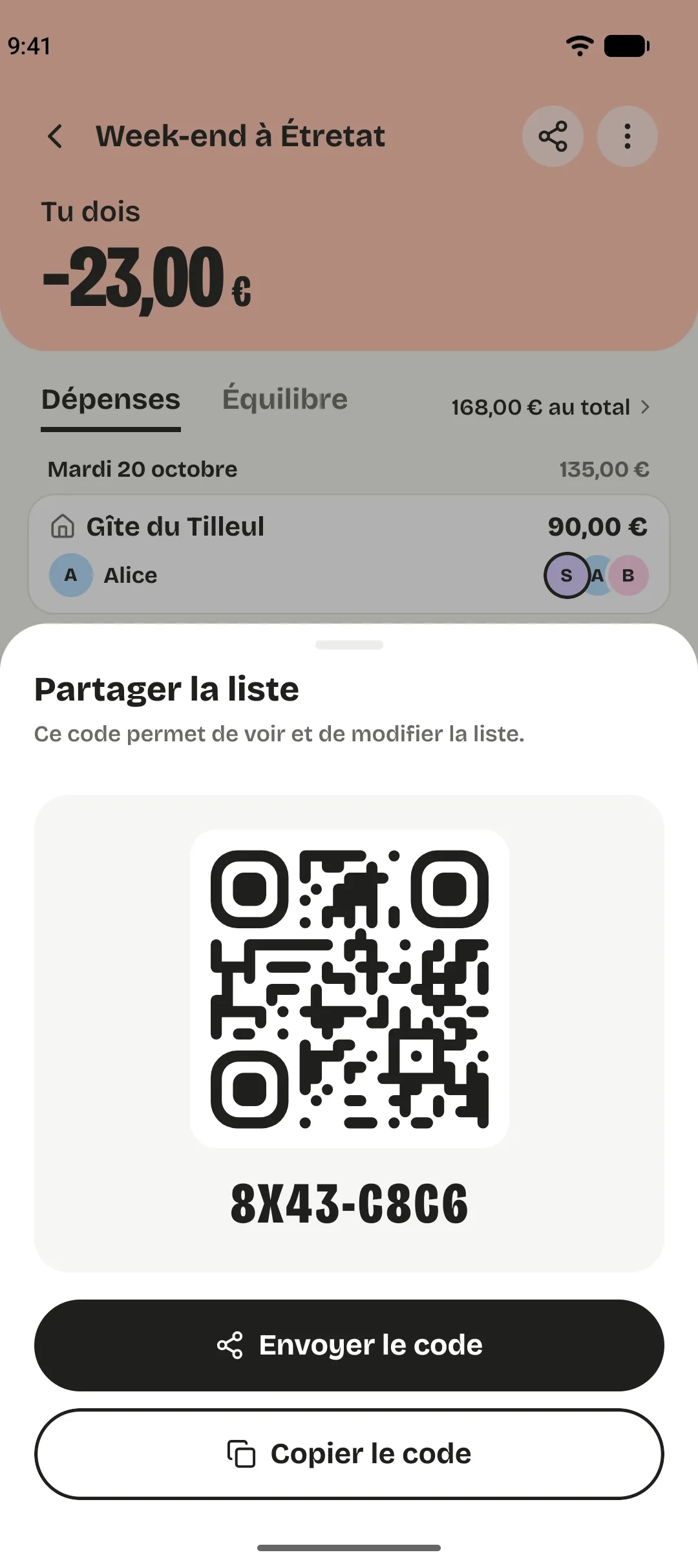 Partager la liste : le QR code, le code à huit caractères, et les boutons Envoyer le code et Copier le code.