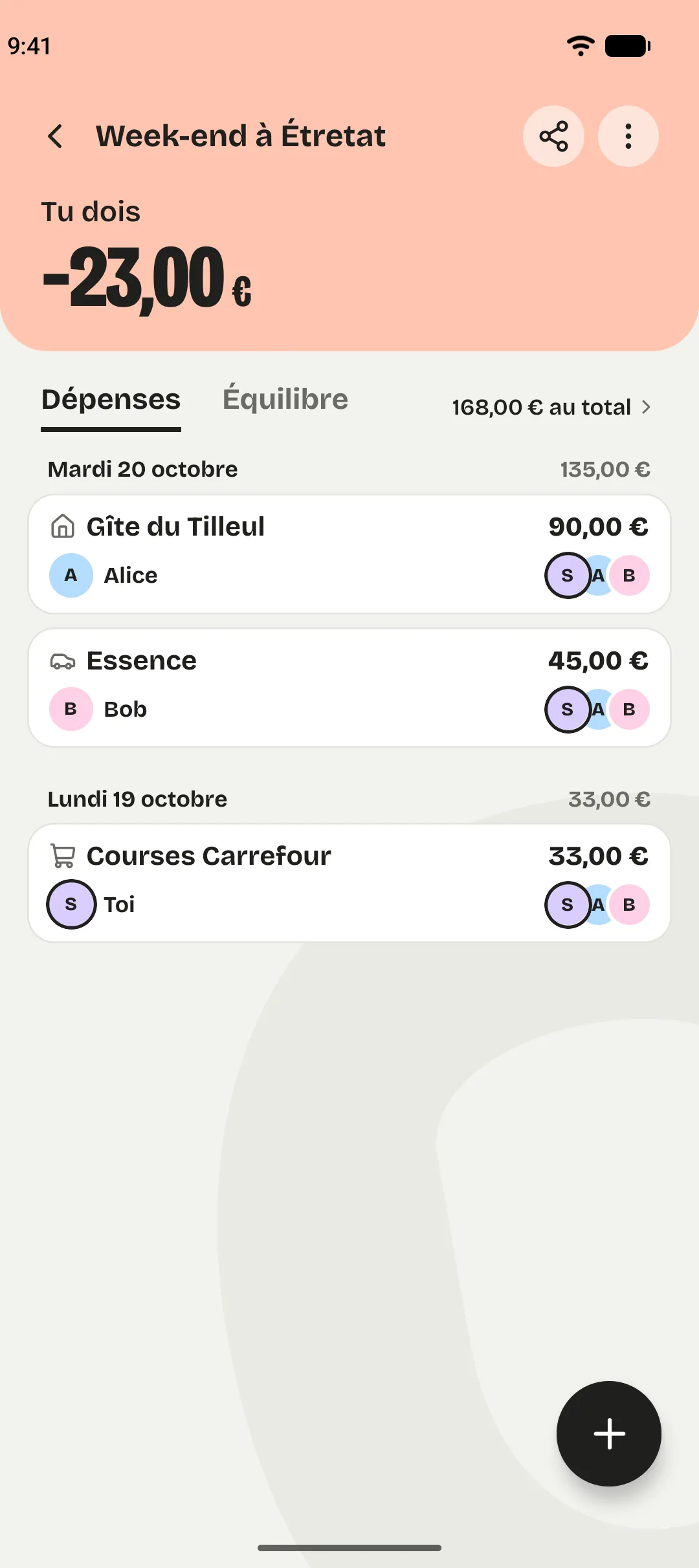 La liste Week-end à Étretat : tu dois 23,00 €, et les dépenses du groupe, jour par jour.